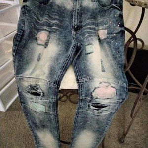 Makobi Camron Denim Biker Jeans Sz 38 x 32 Moto Light Wash Distressed M1796